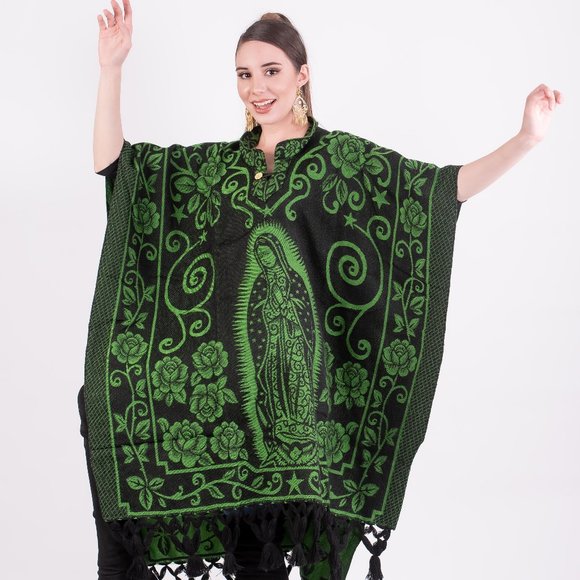 Cielito Sweaters - Our Lady of Guadalupe Poncho Serape Black Green